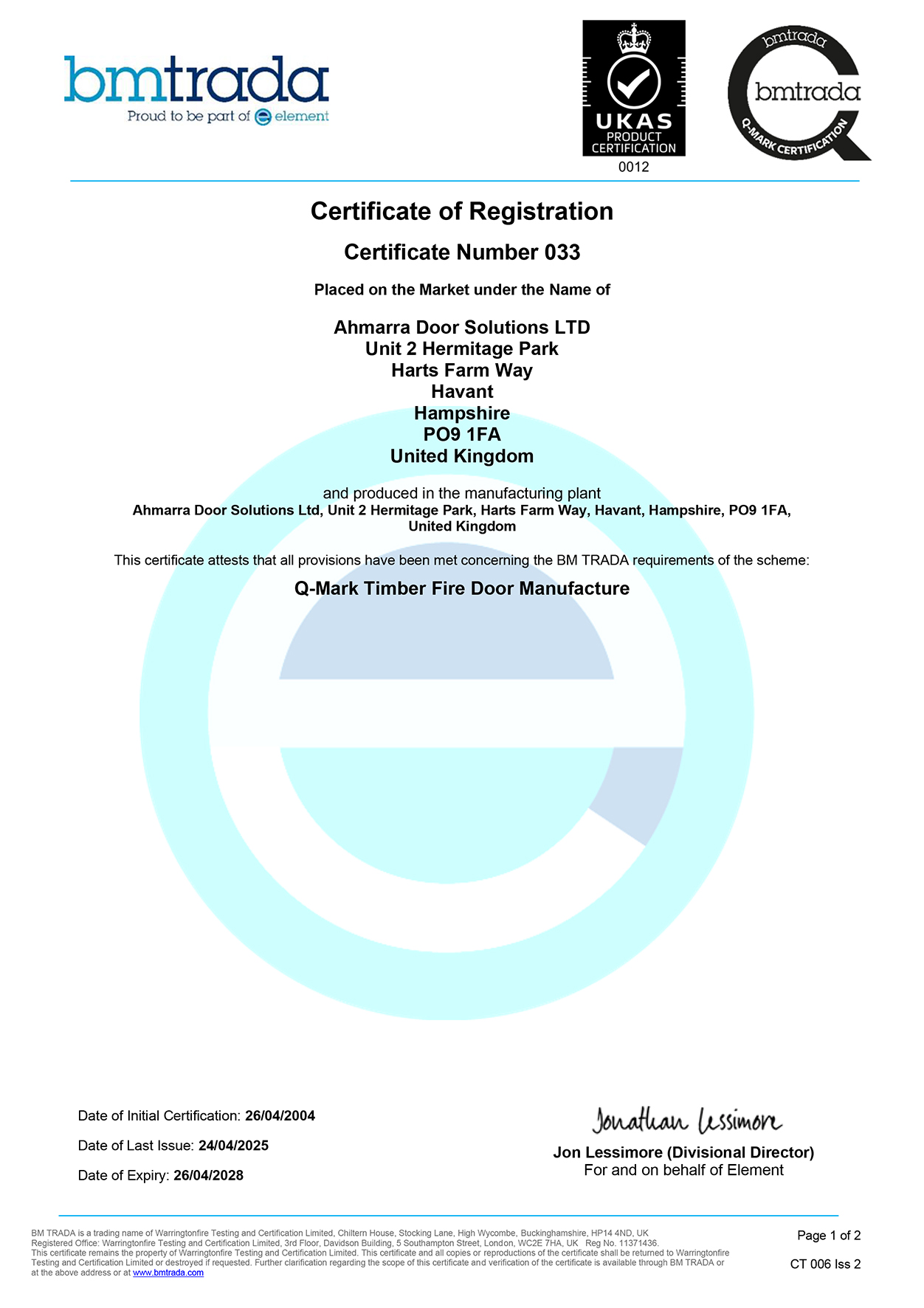 Ahmarra BM TRADA Q-Mark Fire Door Manufacture Scheme Certificate 2025-2026