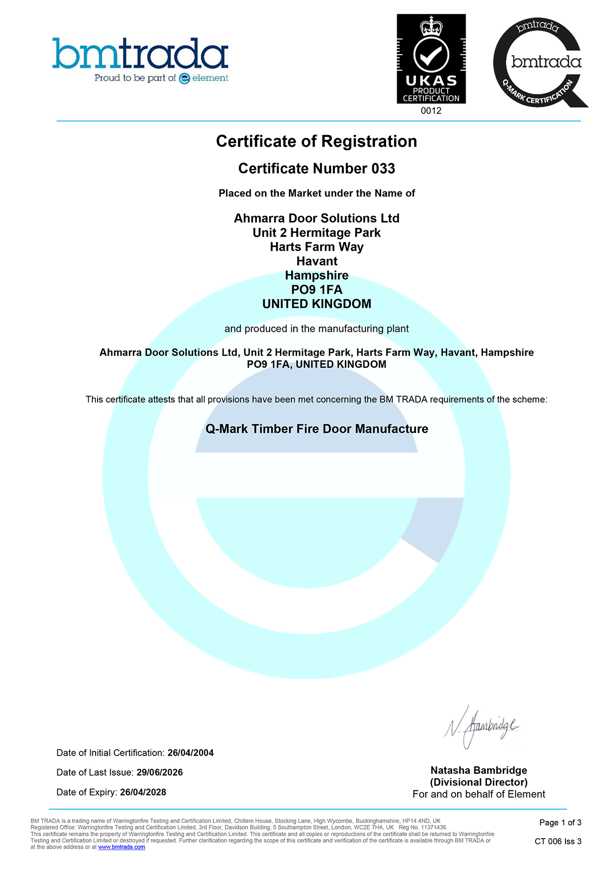 Ahmarra BM TRADA Q-Mark Timber Fire Door Manufacture Scheme Certificate 2026-2028
