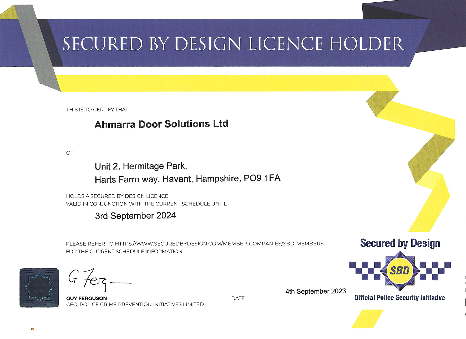 Secured By Design Licence Holder Certificate