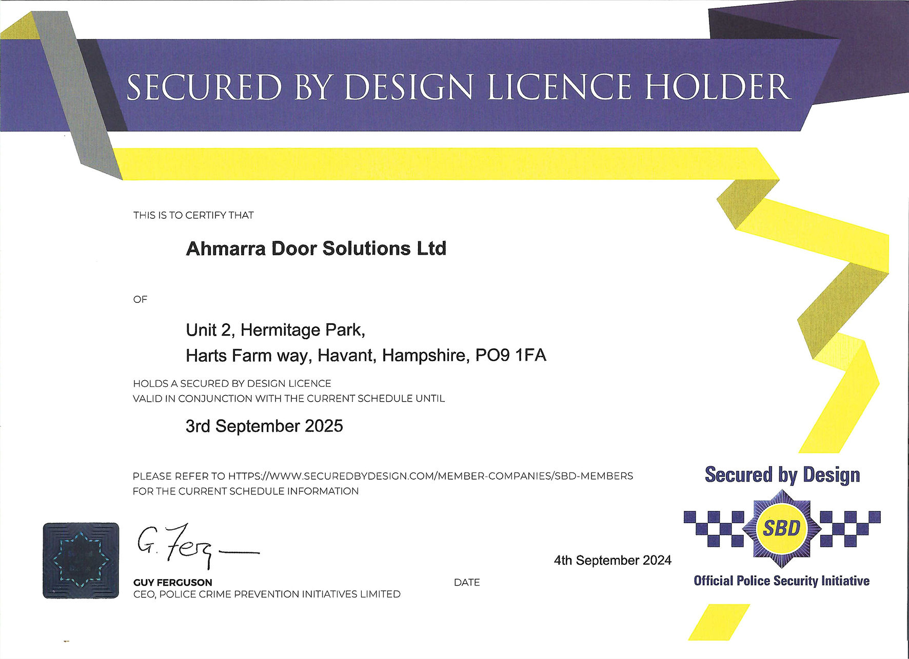 Ahmarra Secured By Design Licence Holder Certificate 2024-2025