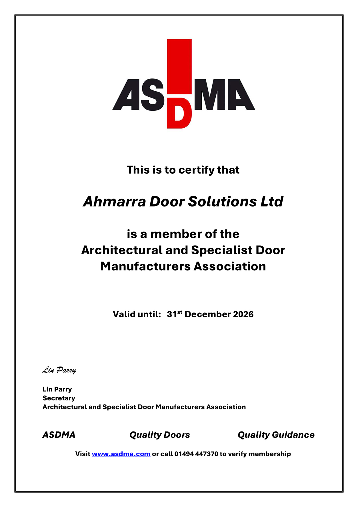 Ahmarra ASDMA Membership Certificate