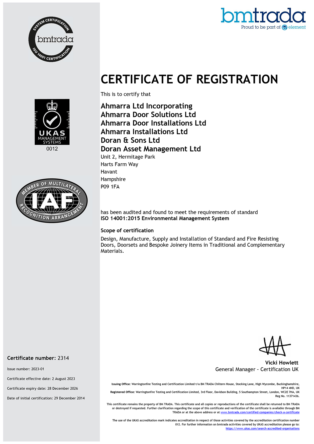Ahmarra BS EN ISO 14001 Environmental Management System Certificate