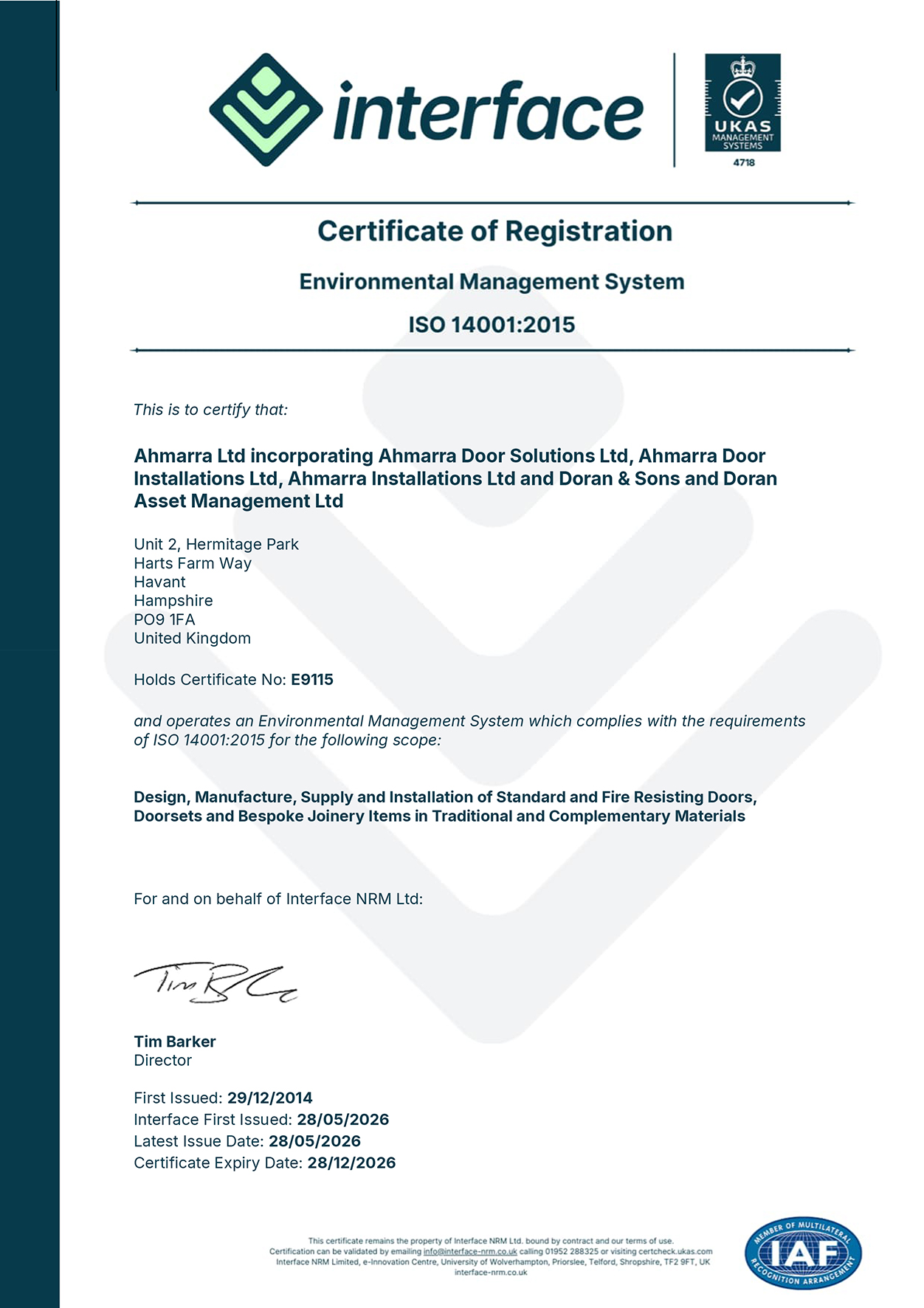 Ahmarra BS EN ISO 14001 Environmental Management System Certificate