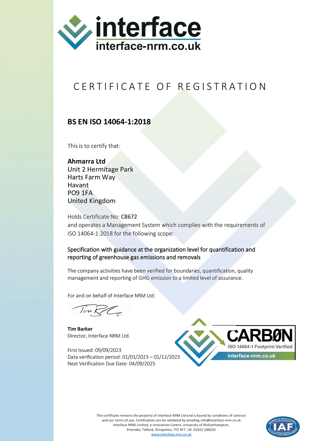 Ahmarra BS EN ISO 14064 GHG Emissions Management System Certificate