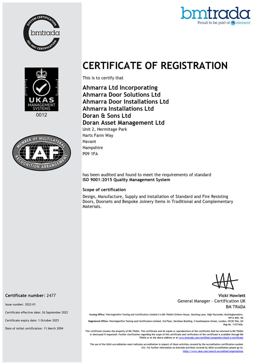 Ahmarras Certifications And Accreditations Certified Fire Doors