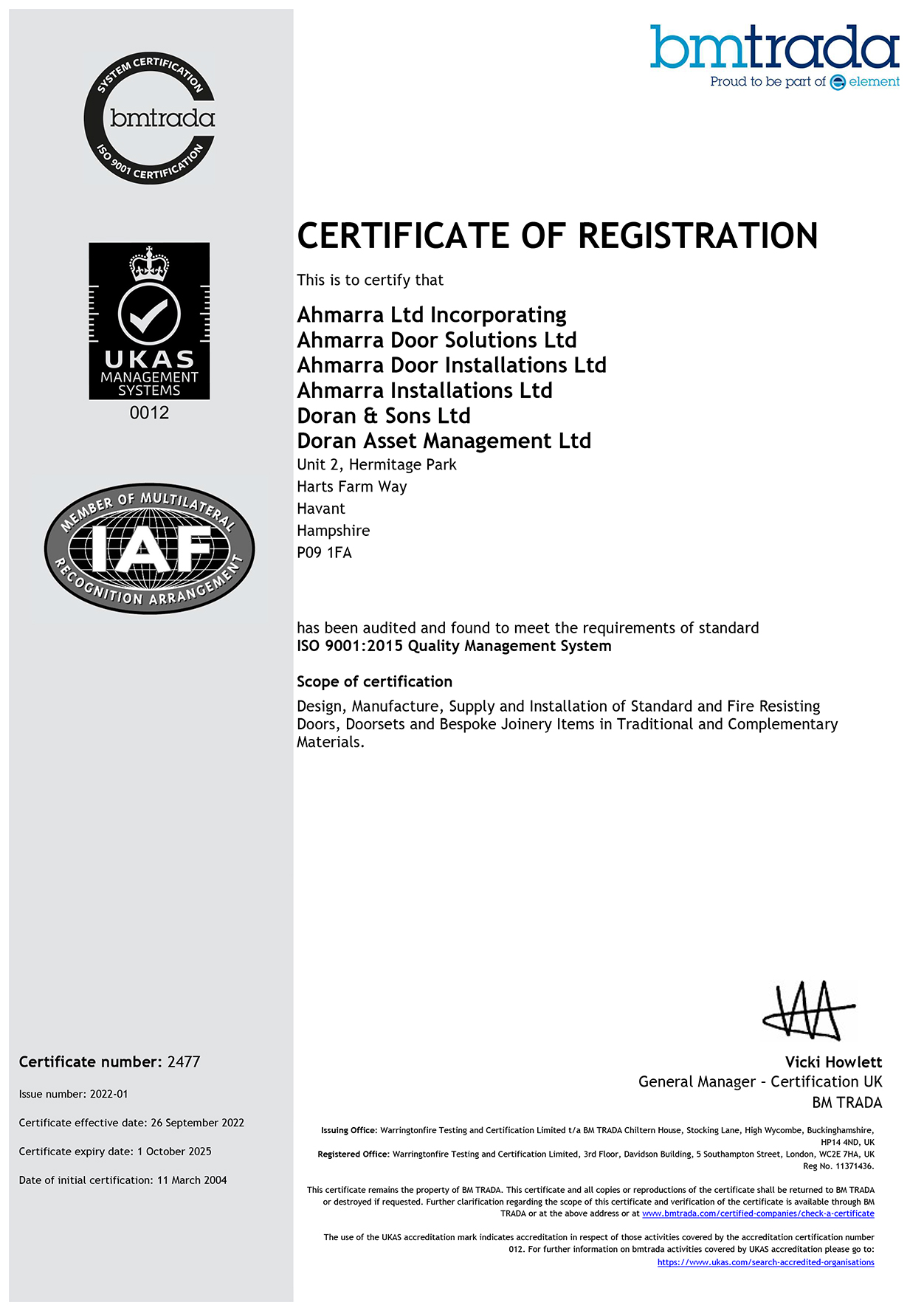 Ahmarra BS EN ISO 9001 Quality Management System Certificate