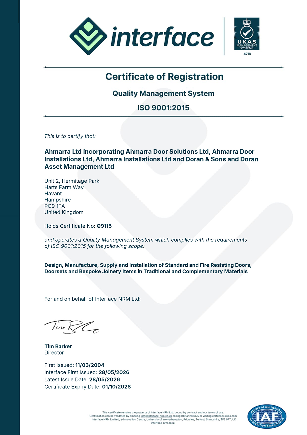 Ahmarra BS EN ISO 9001 Quality Management System Certificate 2026-2028