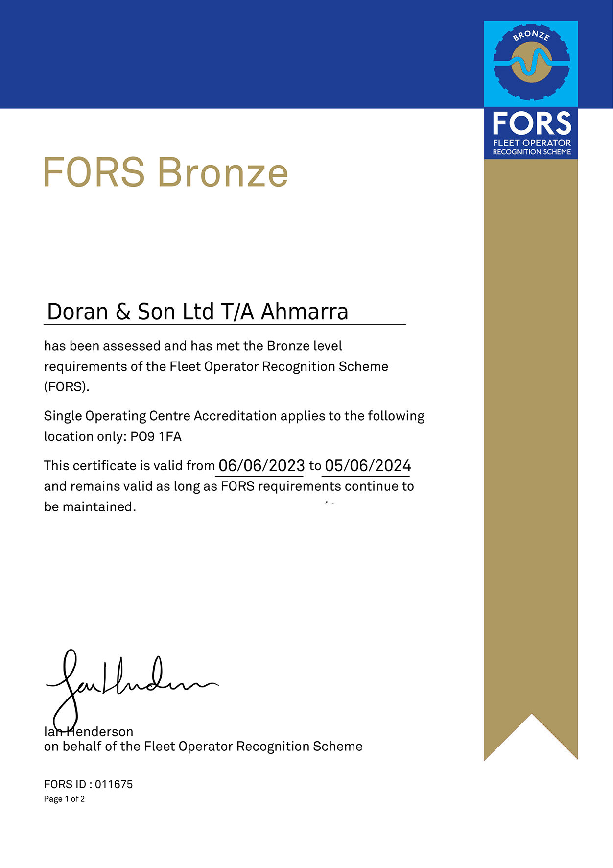 Ahmarra FORS Fleet Operator Recognition Scheme Bronze Certificate 2023-2024