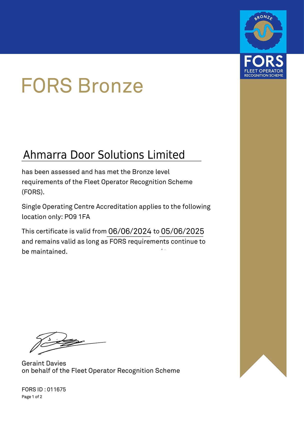 Ahmarra FORS Fleet Operator Recognition Scheme Bronze Certificate 2024-2025