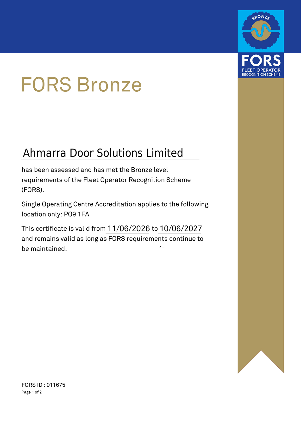 Ahmarra FORS Fleet Operator Recognition Scheme Bronze Certificate 2026-2027