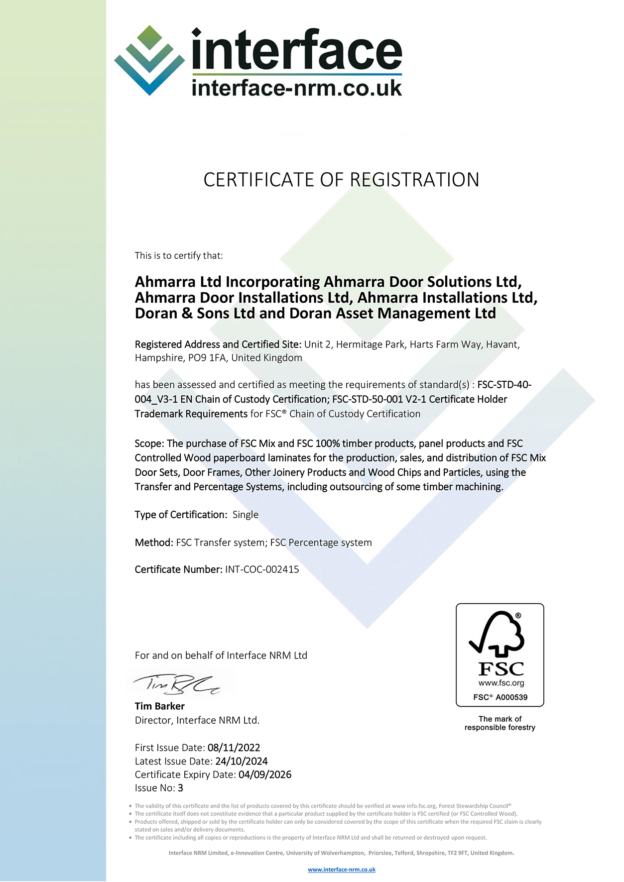 Ahmarra FSC Chain of Custody Certificate 2025-2026