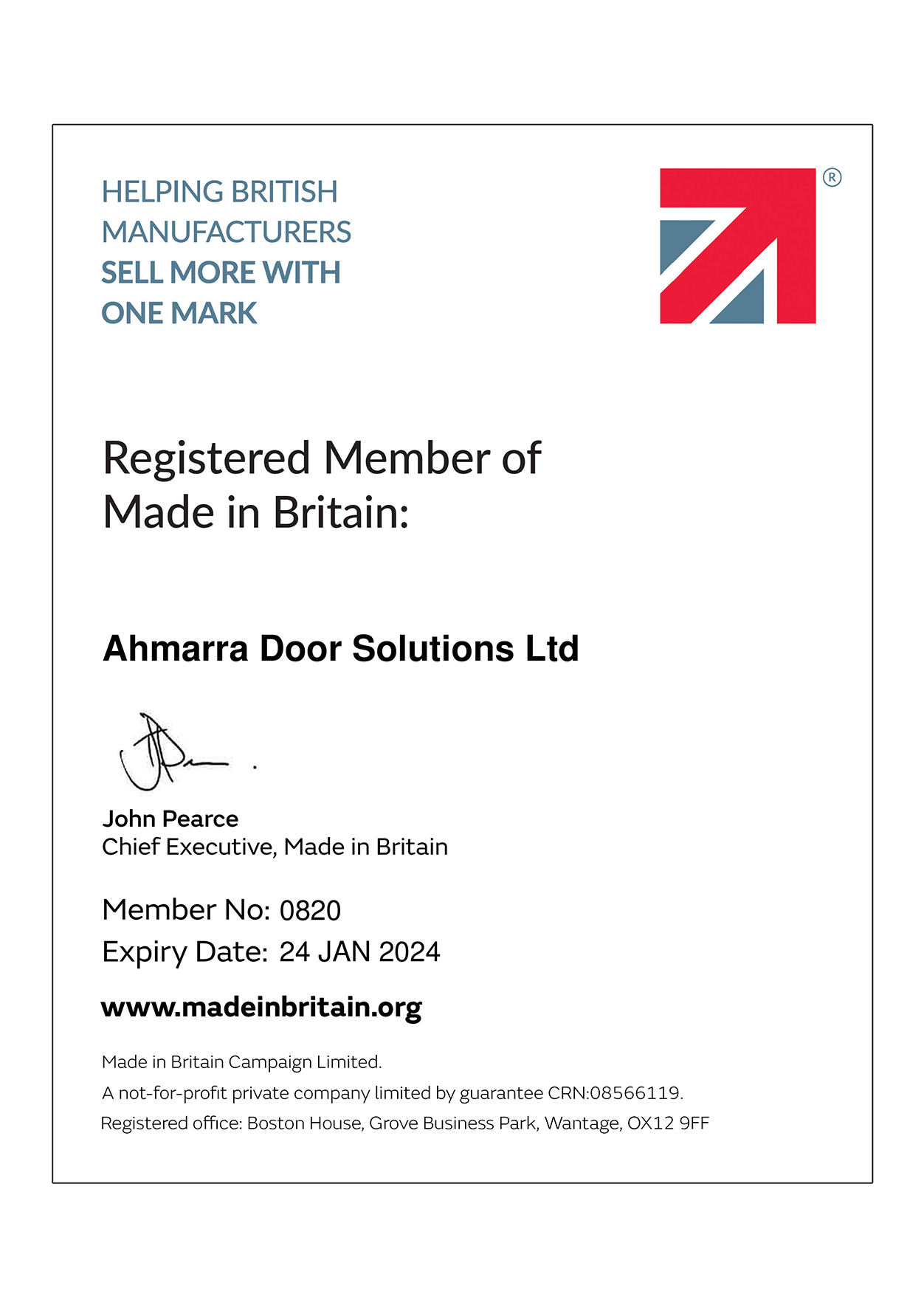 Ahmarra Made in Britain Member Certificate 2023-2024