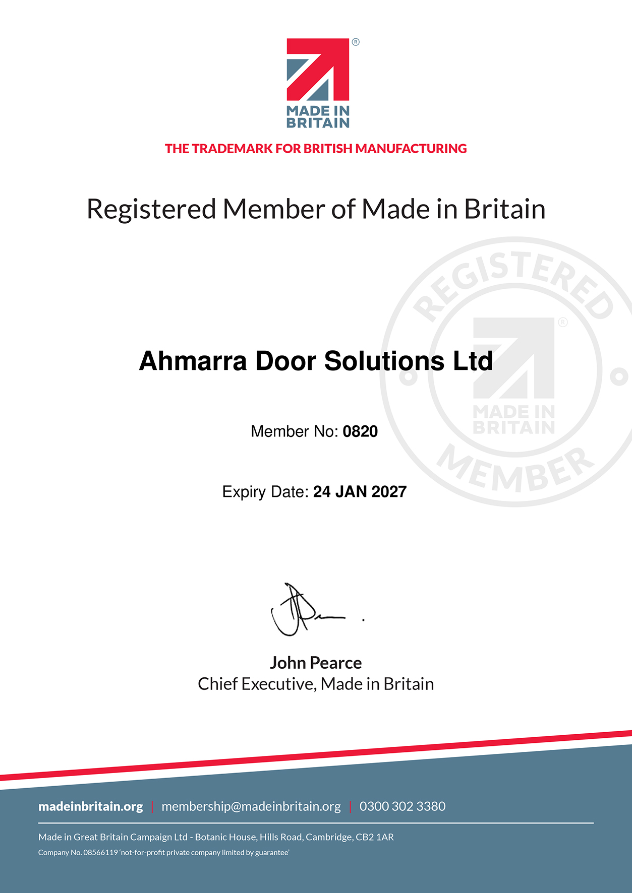 Ahmarra Made in Britain Member Certificate