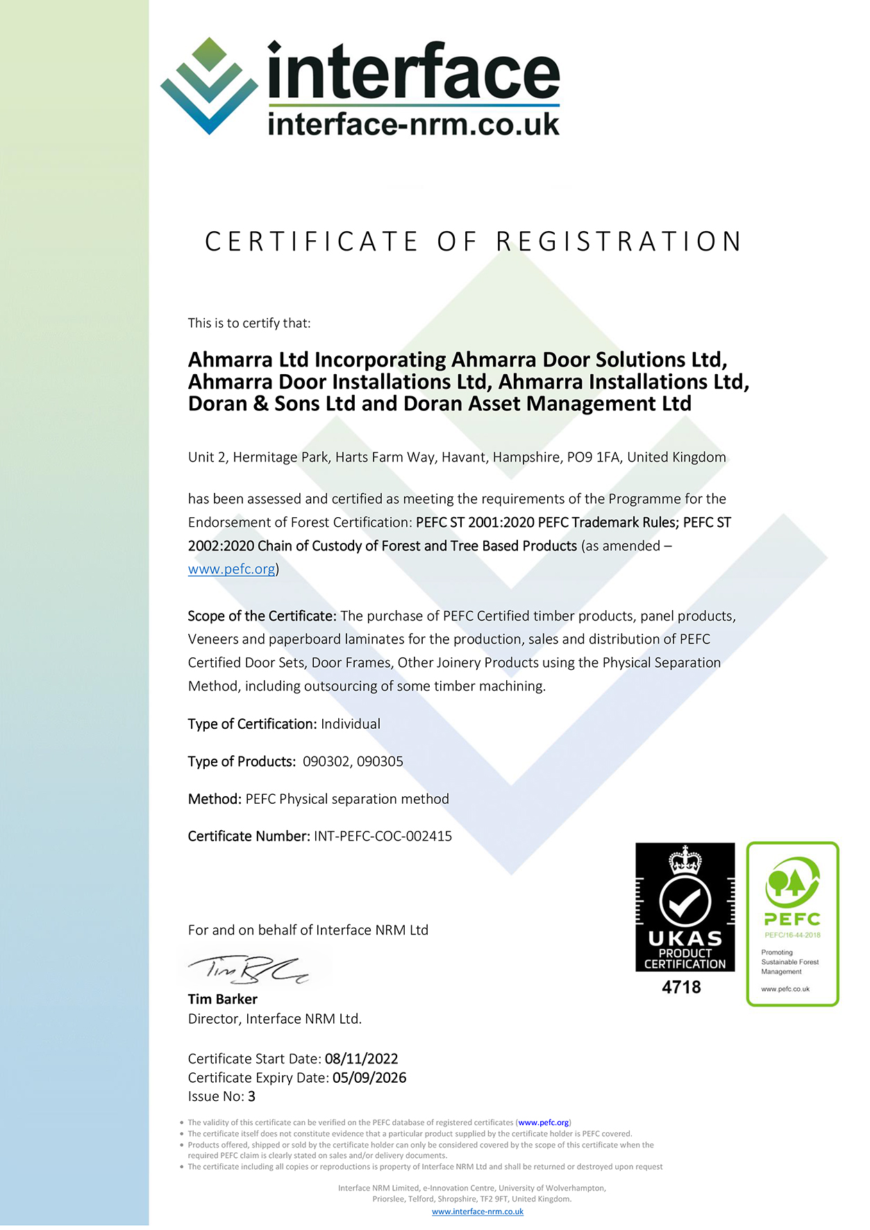 Ahmarra PEFC Chain of Custody Certificate