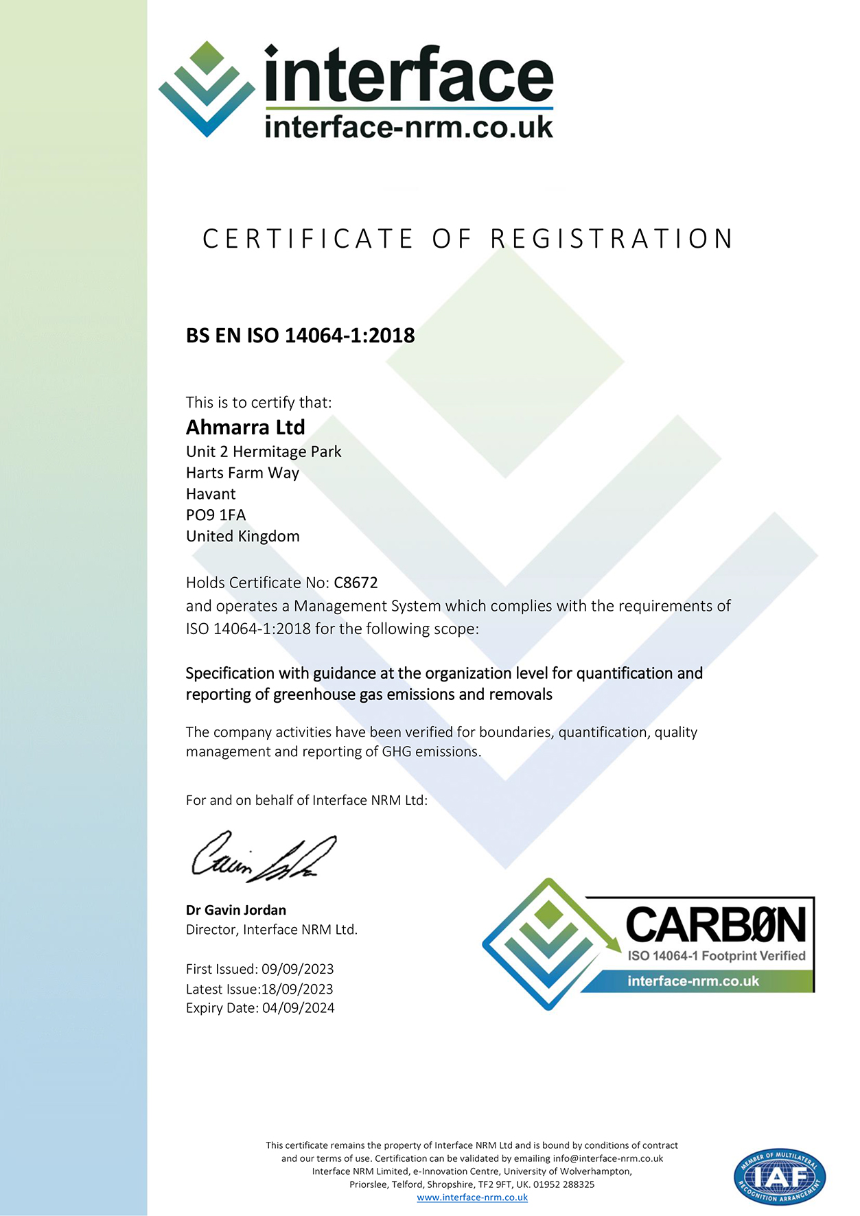 Ahmarra BS EN ISO 14064 GHG Emissions Management System Certificate