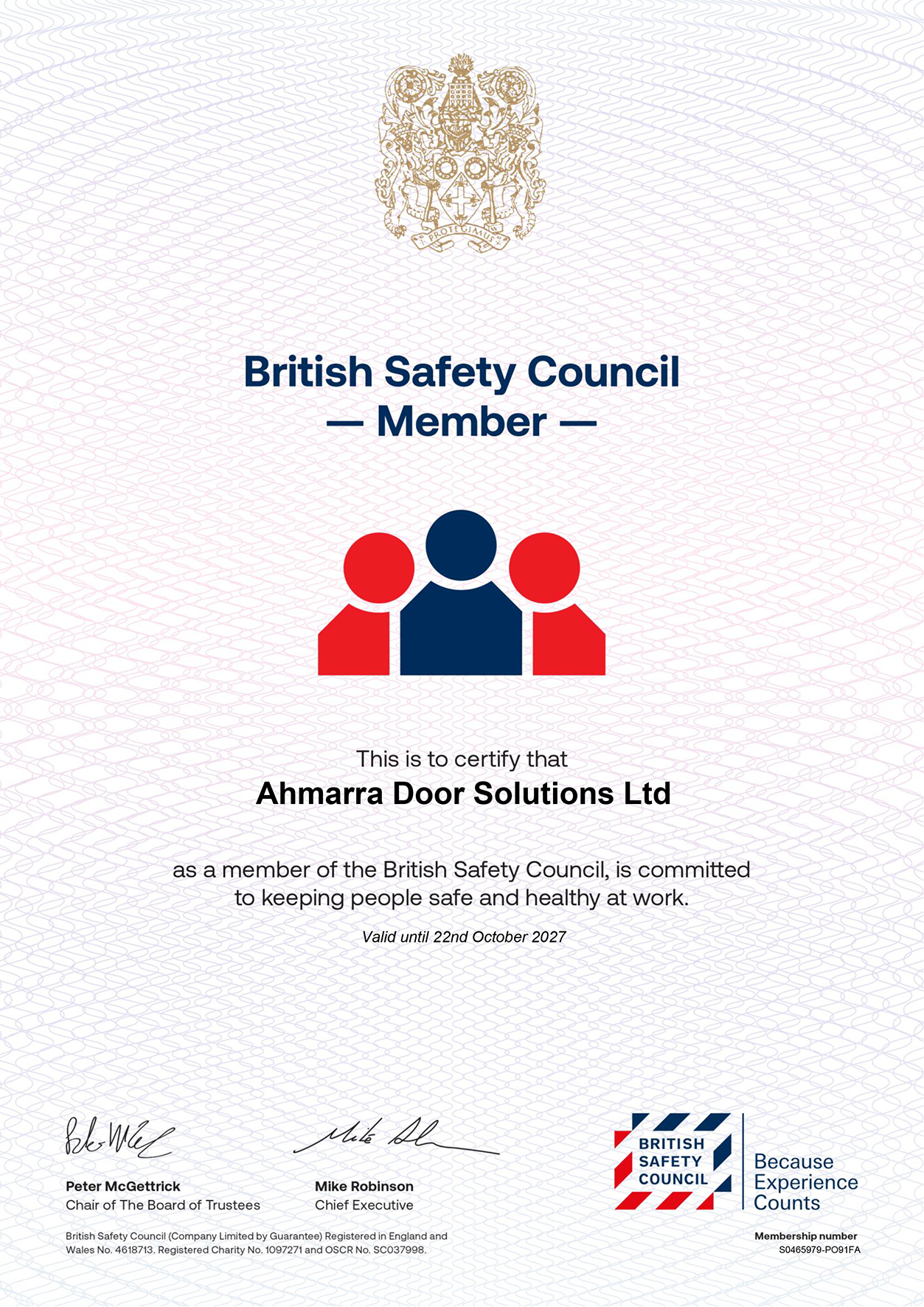 Ahmarra British Safety Council Membership Certificate